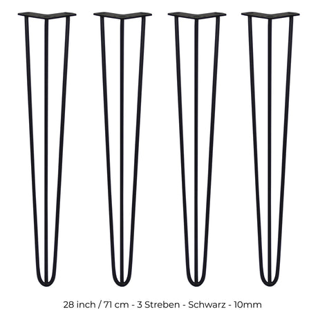 Schwarze 71 cm hohe Hairpin Tischbeine mit 3 Streben aus robustem Metall, ideal für moderne Möbelgestaltungen und DIY-Projekte