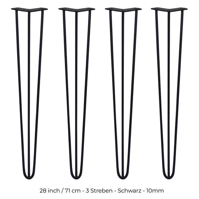 Schwarze 71 cm hohe Hairpin Tischbeine mit 3 Streben aus robustem Metall, ideal für moderne Möbelgestaltungen und DIY-Projekte