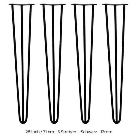 Schwarze Hairpin Tischbeine mit 3 Streben, 71 cm hoch, aus robustem Metall, ideal für moderne Möbelgestaltungen und DIY-Projekte