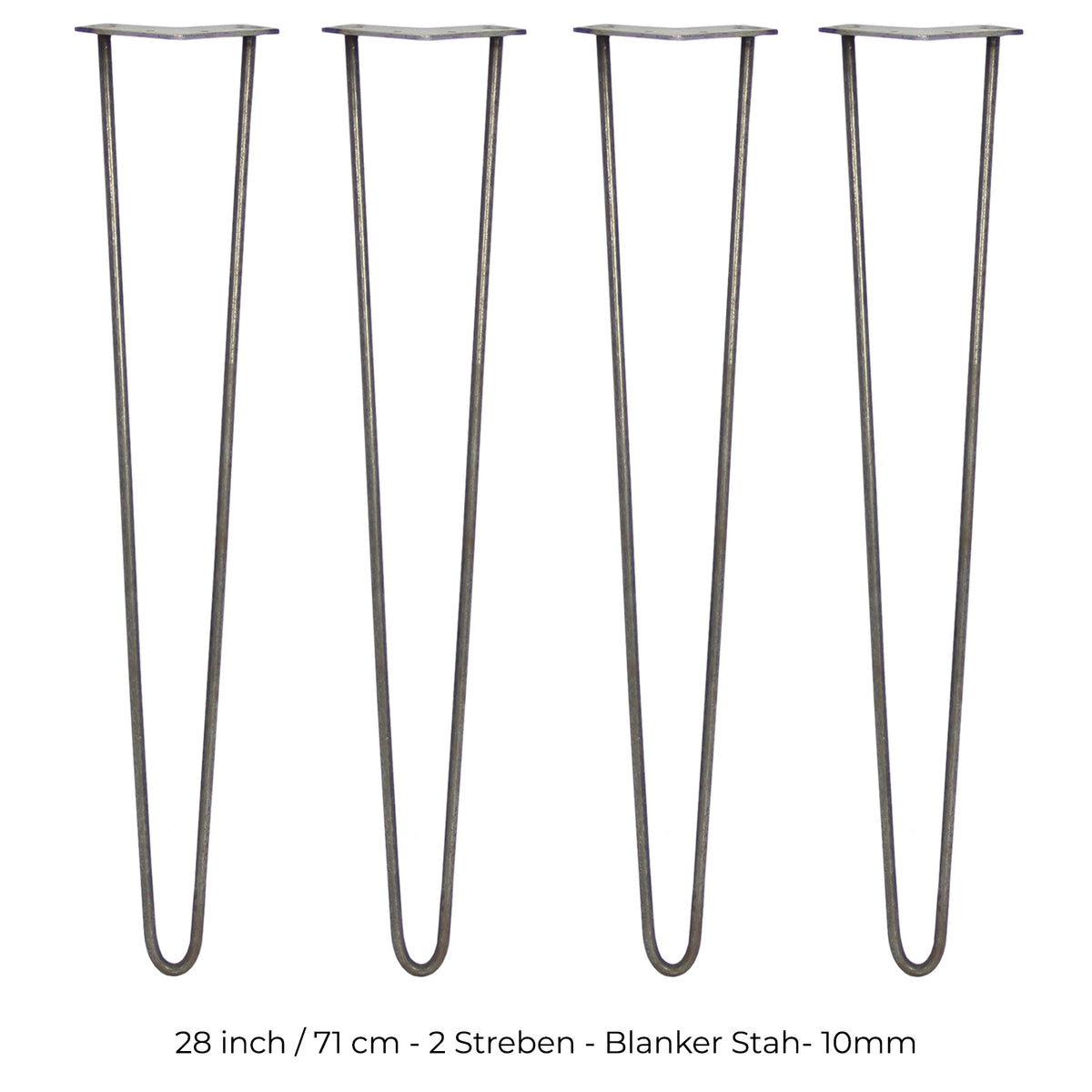 Vier 71 cm lange Hairpin Tischbeine aus Rohstahl mit zwei Streben, schlankem Design und glatter, grauer Oberfläche, ideal für moderne Möbelprojekte