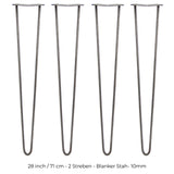 Vier 71 cm lange Hairpin Tischbeine aus Rohstahl mit zwei Streben, schlankem Design und glatter, grauer Oberfläche, ideal für moderne Möbelprojekte