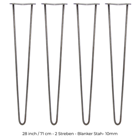 Vier 71 cm lange Hairpin Tischbeine aus Rohstahl mit zwei Streben, schlankem Design und glatter, grauer Oberfläche, ideal für moderne Möbelprojekte