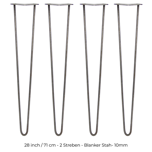 Vier 71 cm lange Hairpin Tischbeine aus Rohstahl mit zwei Streben, schlankem Design und glatter, grauer Oberfläche, ideal für moderne Möbelprojekte