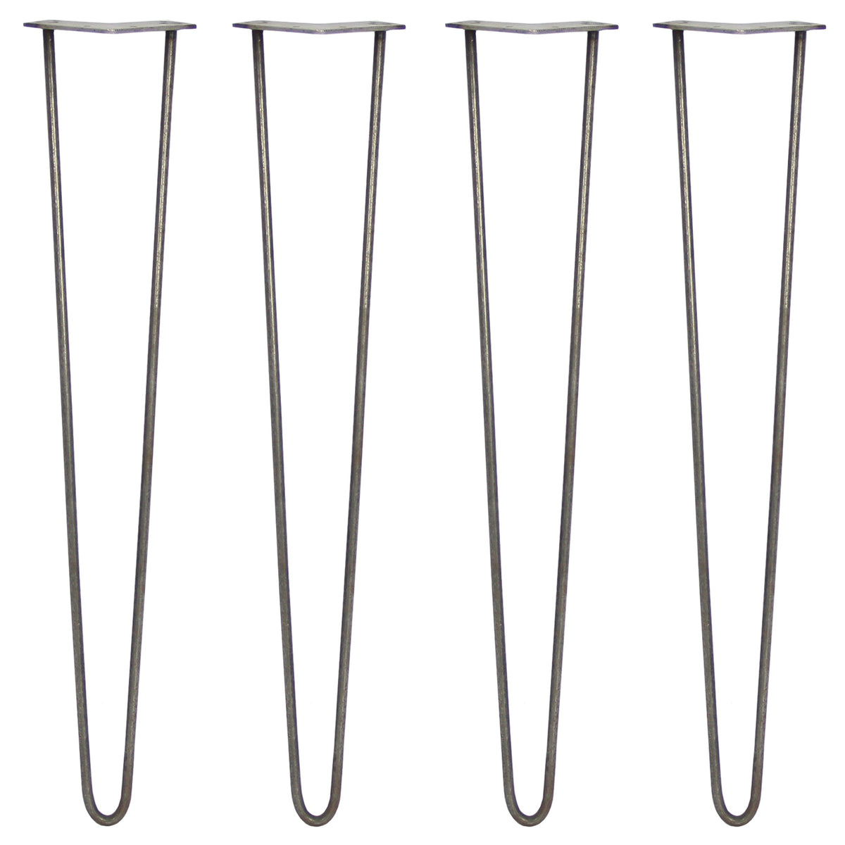 Vier 71 cm hohe Hairpin Tischbeine aus Rohstahl mit zwei Streben, schlankes Design, matte Oberfläche und stabiler Konstruktion für Möbelprojekte