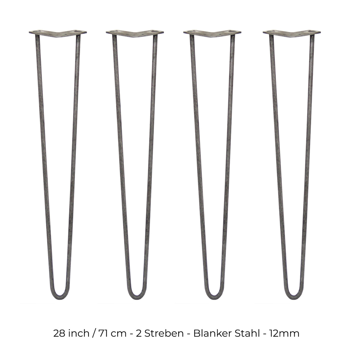 Vier 71 cm hohe Hairpin Tischbeine aus rohem Stahl mit zwei Streben, schlankem Design und einer Dicke von 12 mm, ideal für moderne Möbelprojekte