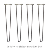Vier 71 cm hohe Hairpin Tischbeine aus rohem Stahl mit zwei Streben, schlankem Design und einer Dicke von 12 mm, ideal für moderne Möbelprojekte