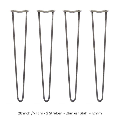 Vier 71 cm hohe Hairpin Tischbeine aus rohem Stahl mit zwei Streben, schlankem Design und einer Dicke von 12 mm, ideal für moderne Möbelprojekte