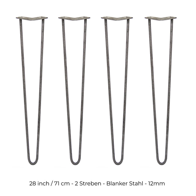 Vier 71 cm hohe Hairpin Tischbeine aus rohem Stahl mit zwei Streben, schlankem Design und einer Dicke von 12 mm, ideal für moderne Möbelprojekte