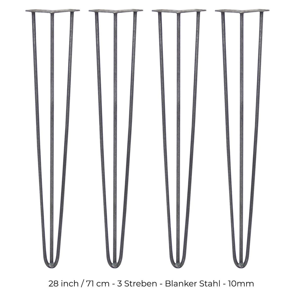 Vier 71 cm hohe Hairpin Tischbeine aus Rohstahl mit drei Streben, schlankes Design, matte Oberfläche und stabiler Konstruktion für Möbelprojekte