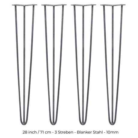 Vier 71 cm hohe Hairpin Tischbeine aus Rohstahl mit drei Streben, schlankes Design, matte Oberfläche und stabiler Konstruktion für Möbelprojekte