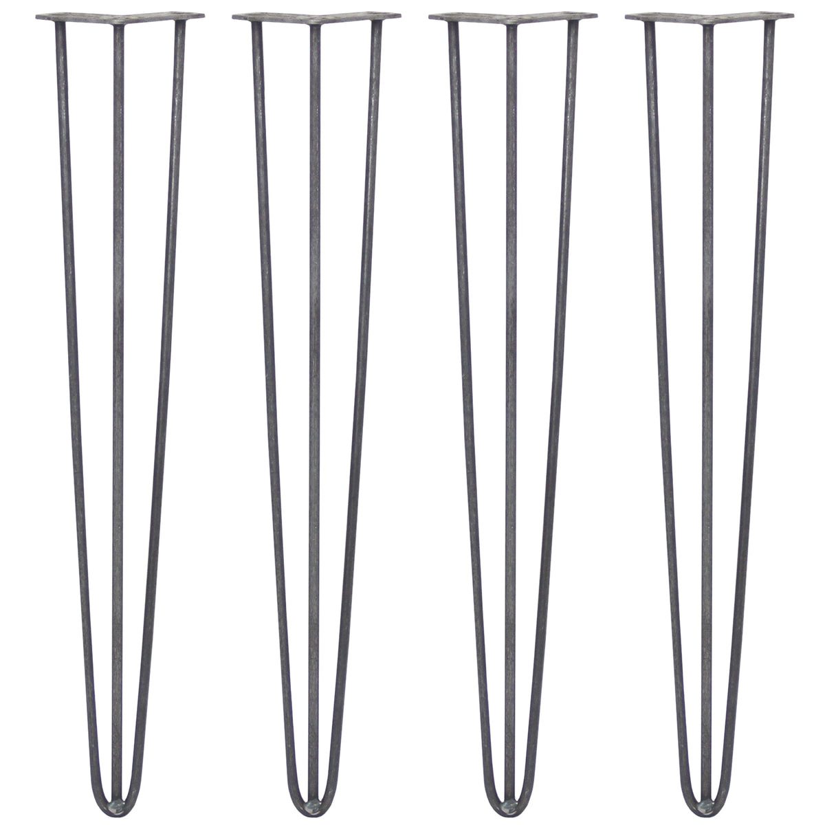 Vier 71 cm hohe Hairpin Tischbeine aus Rohstahl mit drei Streben, schlankes Design und robustes, industrielles Finish in mattem Schwarz