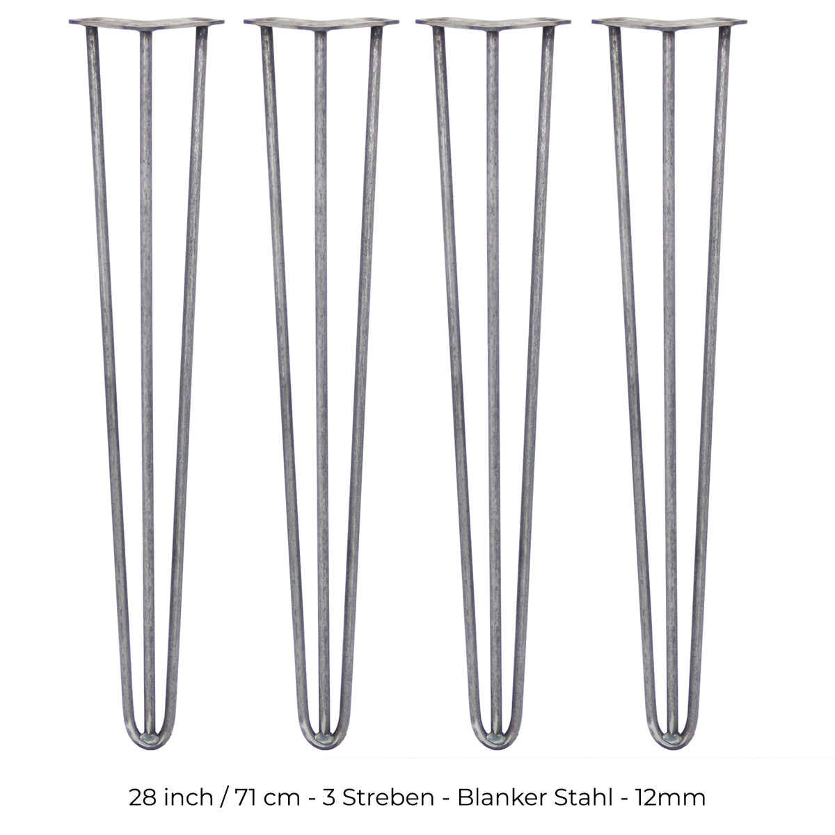 Vier 71 cm hohe Hairpin Tischbeine aus rohem Stahl mit drei Streben, schlankem Design und grauer, metallischer Oberfläche für moderne Möbelprojekte