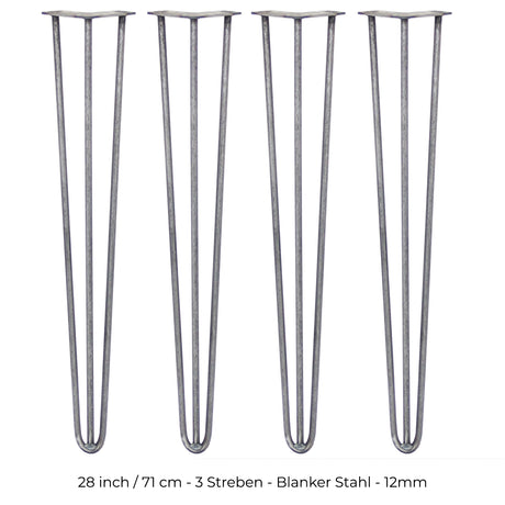 Vier 71 cm hohe Hairpin Tischbeine aus rohem Stahl mit drei Streben, schlankem Design und grauer, metallischer Oberfläche für moderne Möbelprojekte