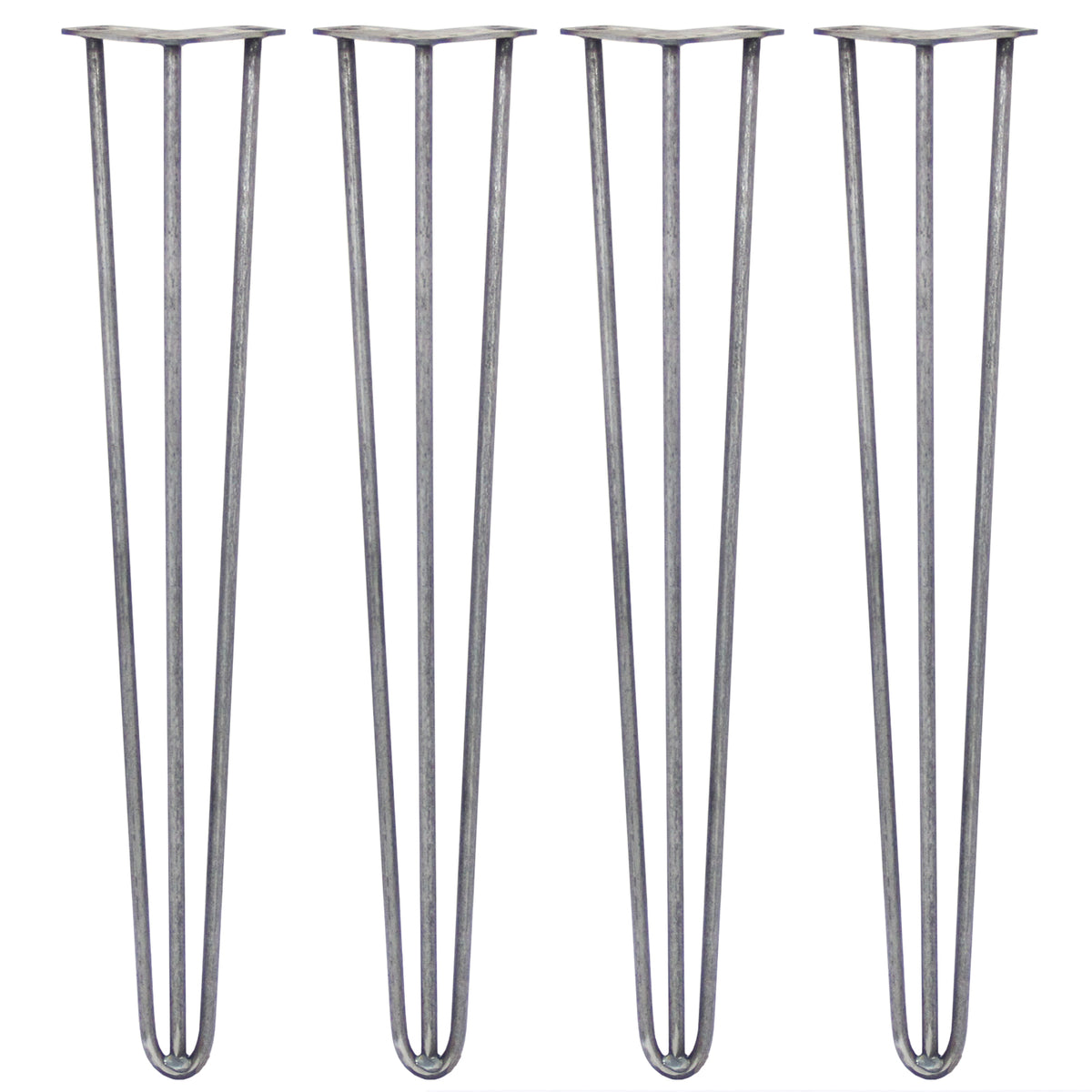 Vier 71 cm hohe Hairpin Tischbeine aus Rohstahl mit drei Streben, schlankem Design und robustem, industriellem Look für Möbelprojekte