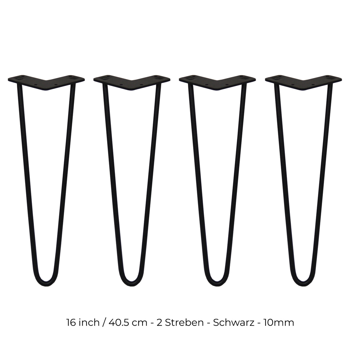 Schwarze Hairpin Tischbeine mit zwei Streben, 40,5 cm hoch, aus robustem Metall, elegant geschwungene Form für moderne Möbelgestaltung