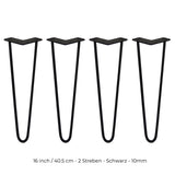 Schwarze Hairpin Tischbeine mit zwei Streben, 40,5 cm hoch, aus robustem Metall, elegant geschwungene Form für moderne Möbelgestaltung
