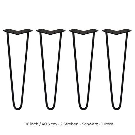 Schwarze Hairpin Tischbeine mit zwei Streben, 40,5 cm hoch, aus robustem Metall, elegant geschwungene Form für moderne Möbelgestaltung