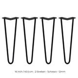 Schwarze Hairpin Tischbeine aus Metall, 40,5 cm hoch, mit zwei Streben und 12 mm Durchmesser, ideal für moderne Möbelgestaltungen