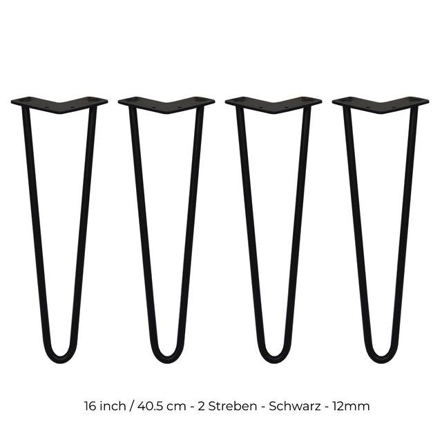Schwarze Hairpin Tischbeine aus Metall, 40,5 cm hoch, mit zwei Streben und 12 mm Durchmesser, ideal für moderne Möbelgestaltungen
