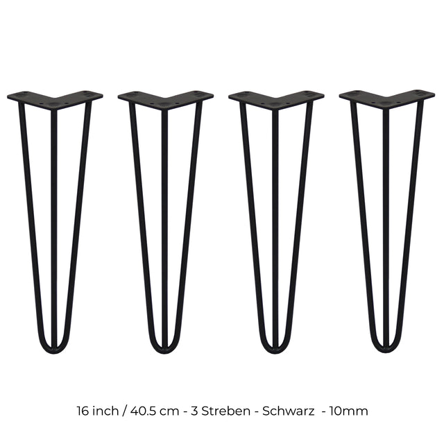 Schwarze Hairpin Tischbeine mit 3 Streben, 40,5 cm hoch, aus robustem Metall, ideal für moderne Möbelgestaltungen und DIY-Projekte