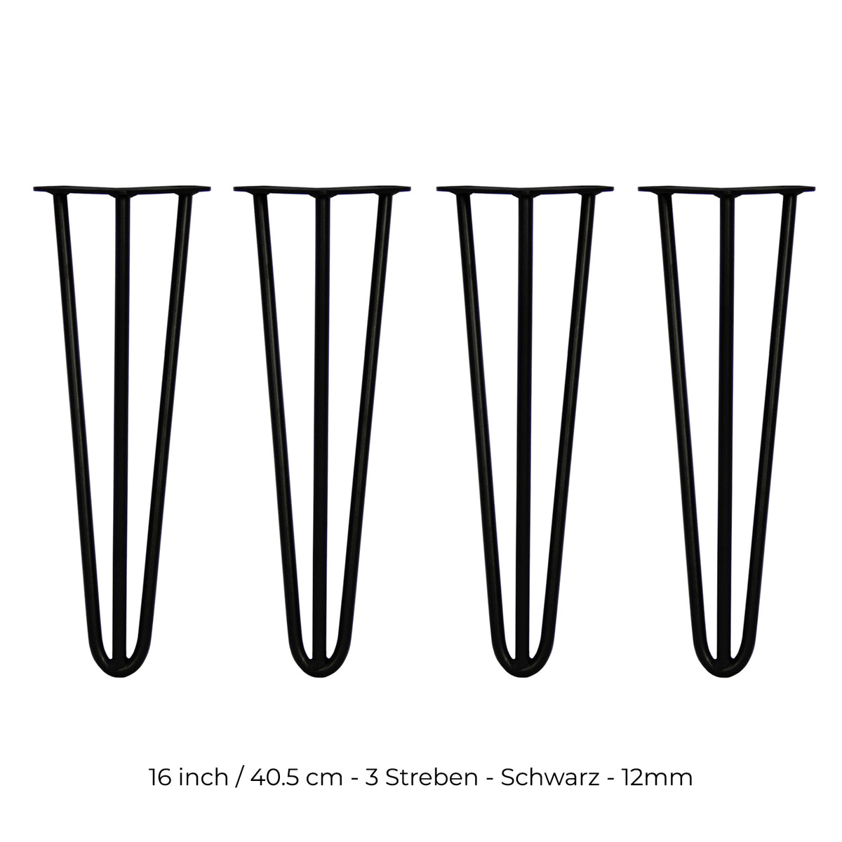 Schwarze Hairpin Tischbeine mit 2 Streben, 40,5 cm hoch und 12 mm dick, ideal für moderne Möbelgestaltungen und stabile Unterstützung