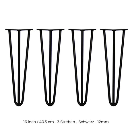Schwarze Hairpin Tischbeine mit 2 Streben, 40,5 cm hoch und 12 mm dick, ideal für moderne Möbelgestaltungen und stabile Unterstützung