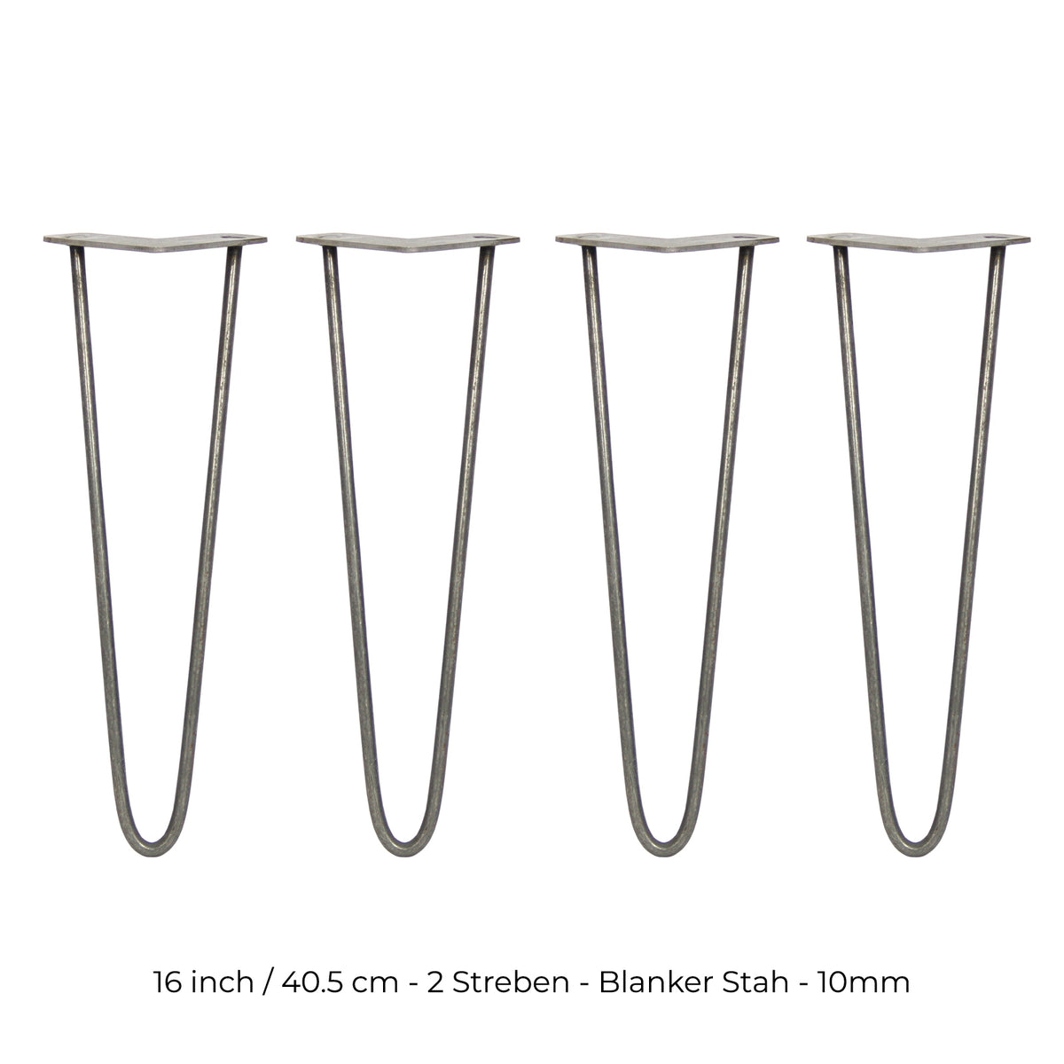 Vier 40,5 cm hohe Hairpin Tischbeine aus Rohstahl mit zwei Streben, schlankes Design, graue Oberfläche, ideal für moderne Möbelprojekte