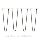 Vier 40,5 cm hohe Hairpin Tischbeine aus Rohstahl mit zwei Streben, schlankes Design, graue Oberfläche, ideal für moderne Möbelprojekte