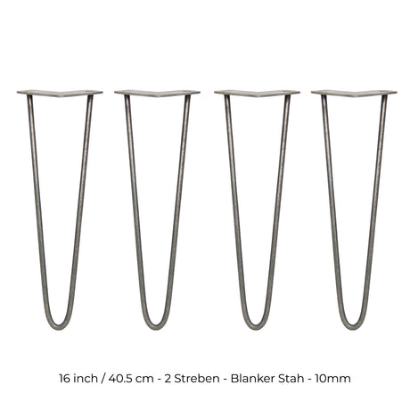 Vier 40,5 cm hohe Hairpin Tischbeine aus Rohstahl mit zwei Streben, schlankes Design, graue Oberfläche, ideal für moderne Möbelprojekte