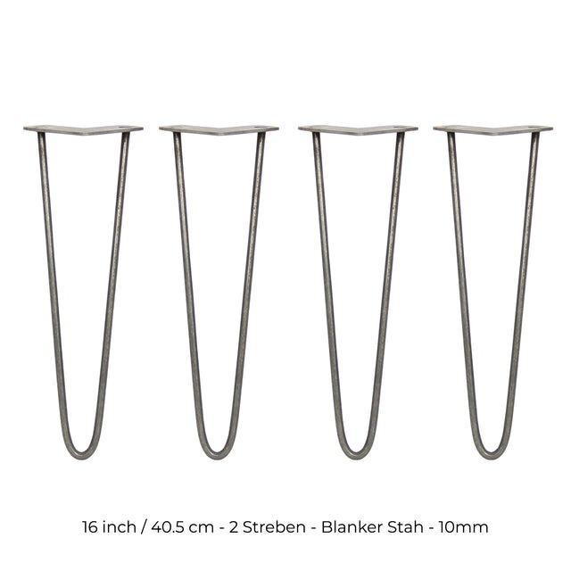 Vier 40,5 cm hohe Hairpin Tischbeine aus Rohstahl mit zwei Streben, schlankes Design, graue Oberfläche, ideal für moderne Möbelprojekte