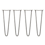 Vier elegante Hairpin Tischbeine aus Rohstahl, 40,5 cm hoch, mit zwei Streben und einem minimalistischen, geschwungenen Design in mattem Grau
