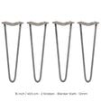 Vier 40,5 cm lange Hairpin Tischbeine aus rohem Stahl mit zwei Streben, schlankem Design und robustem, industriellem Look