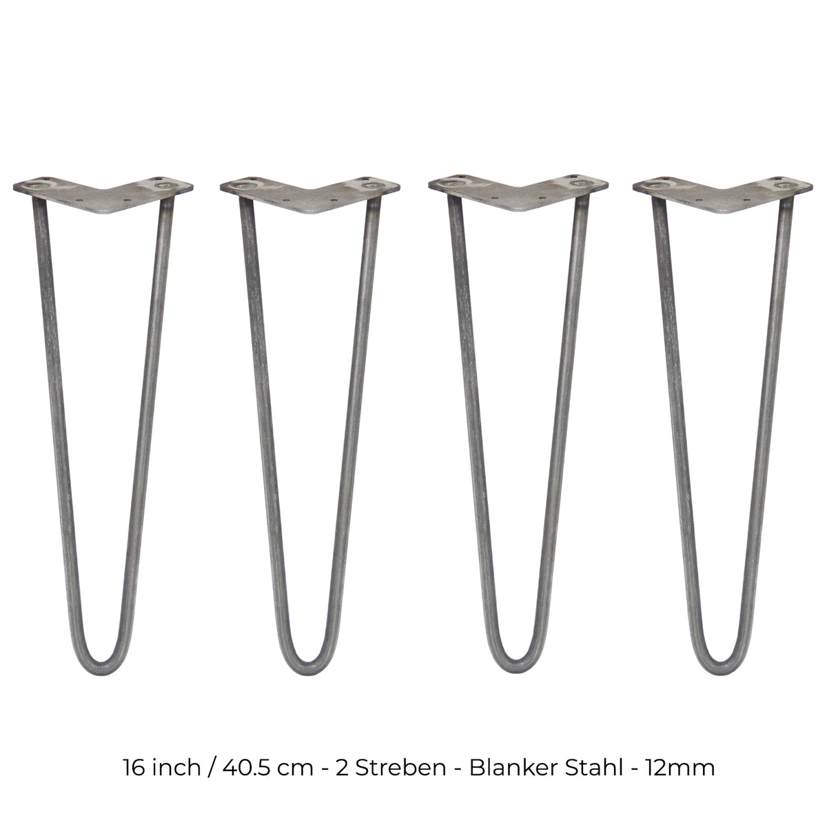 Vier 40,5 cm lange Hairpin Tischbeine aus rohem Stahl mit zwei Streben, schlankem Design und robustem, industriellem Look