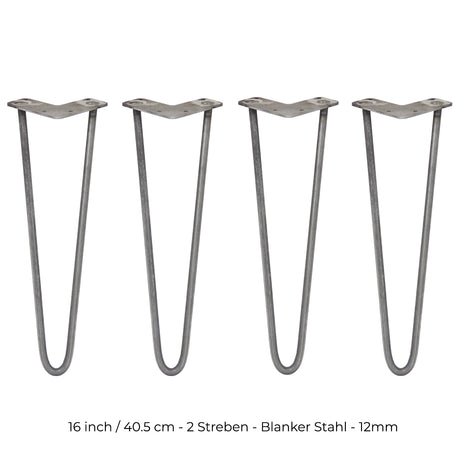 Vier 40,5 cm lange Hairpin Tischbeine aus rohem Stahl mit zwei Streben, schlankem Design und robustem, industriellem Look