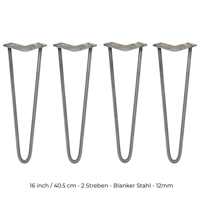 Vier 40,5 cm lange Hairpin Tischbeine aus rohem Stahl mit zwei Streben, schlankem Design und robustem, industriellem Look