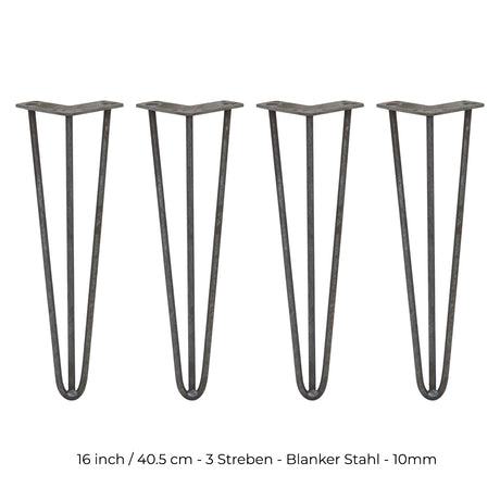 Vier robuste Hairpin Tischbeine aus Rohstahl, 40,5 cm hoch, mit drei Streben, elegant geschwungen und ideal für moderne Möbelgestaltungen