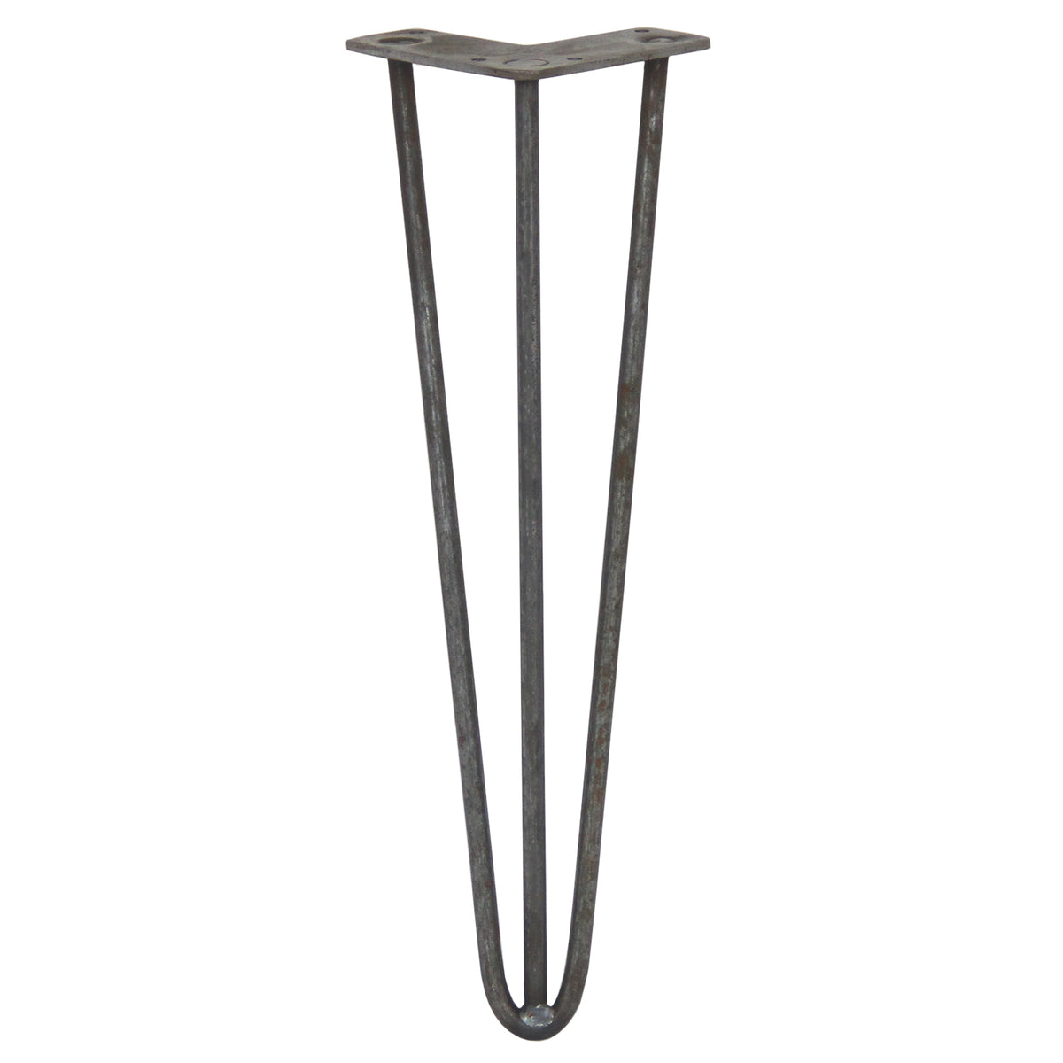 Schlichte, robuste Hairpin Tischbeine aus Rohstahl mit drei Streben, 40,5 cm hoch, in einem industriellen, metallischen Look