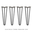 Vier 40,5 cm hohe Hairpin Tischbeine aus rohem Stahl mit drei Streben, elegant und stabil, ideal für DIY-Möbelprojekte