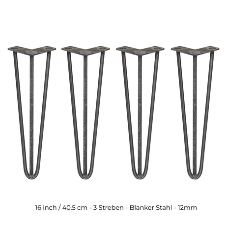 Vier 40,5 cm hohe Hairpin Tischbeine aus rohem Stahl mit drei Streben, elegant und stabil, ideal für DIY-Möbelprojekte