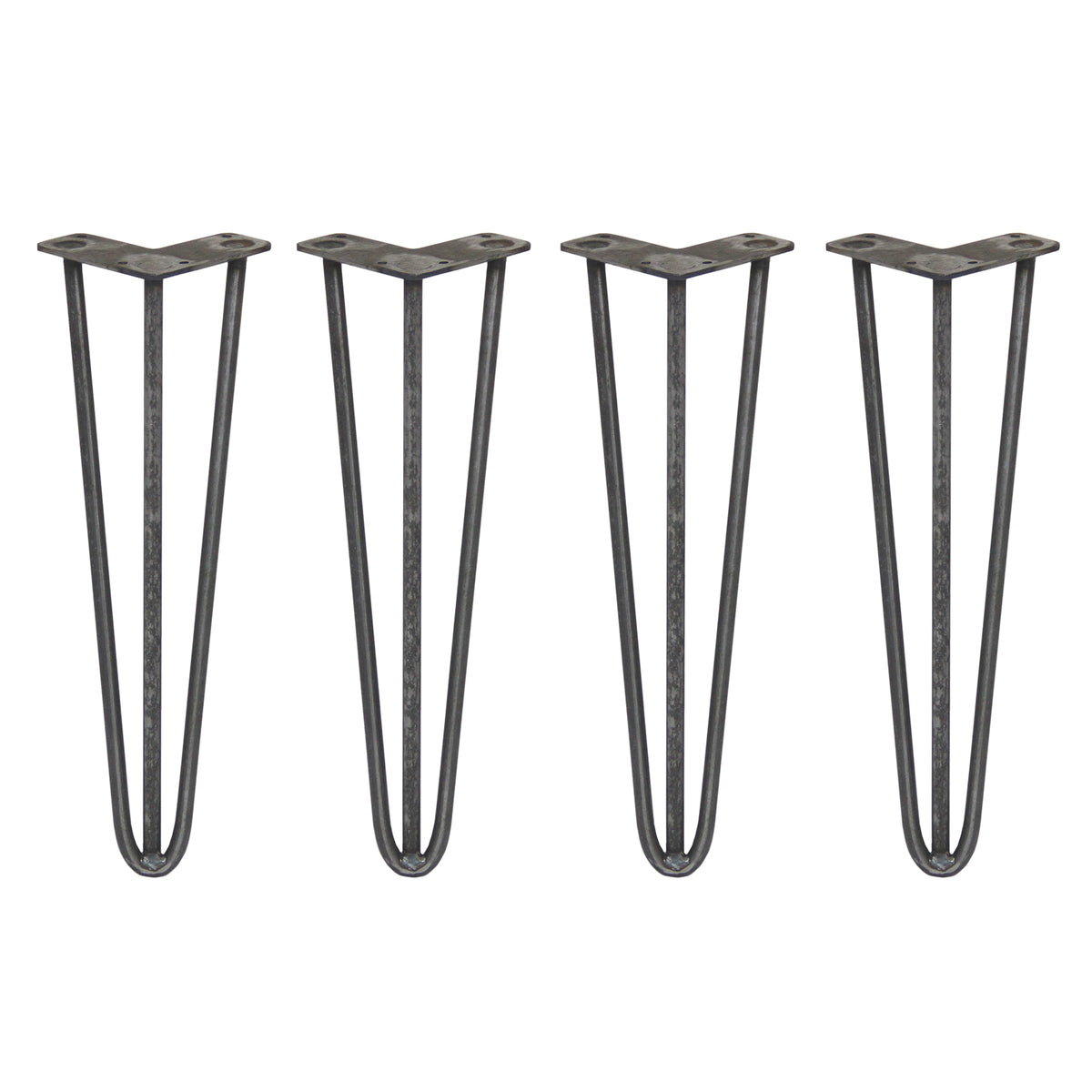 Vier robuste Hairpin Tischbeine aus Rohstahl, 40,5 cm hoch, mit drei Streben und 12 mm Durchmesser, ideal für moderne Möbelgestaltungen