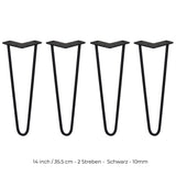Schwarze Hairpin Tischbeine aus Metall, 35,5 cm hoch, mit zwei Streben und 10 mm dickem Material, ideal für moderne Möbelgestaltungen
