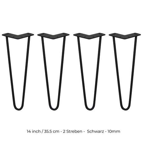Schwarze Hairpin Tischbeine aus Metall, 35,5 cm hoch, mit zwei Streben und 10 mm dickem Material, ideal für moderne Möbelgestaltungen