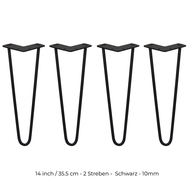 Schwarze Hairpin Tischbeine aus Metall, 35,5 cm hoch, mit zwei Streben und 10 mm dickem Material, ideal für moderne Möbelgestaltungen