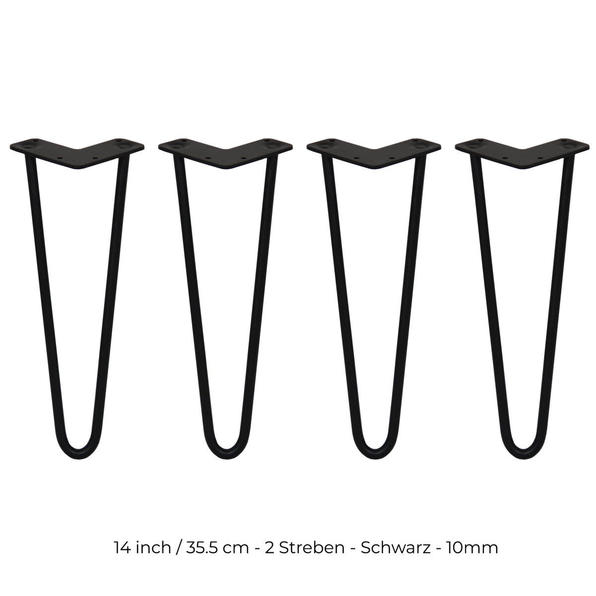 Schwarze Hairpin Tischbeine aus Metall, 35,5 cm lang, mit zwei Streben und 10 mm Durchmesser, ideal für moderne Möbelprojekte