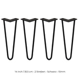 Schwarze Hairpin Tischbeine aus Metall, 35,5 cm lang, mit zwei Streben und 10 mm Durchmesser, ideal für moderne Möbelprojekte