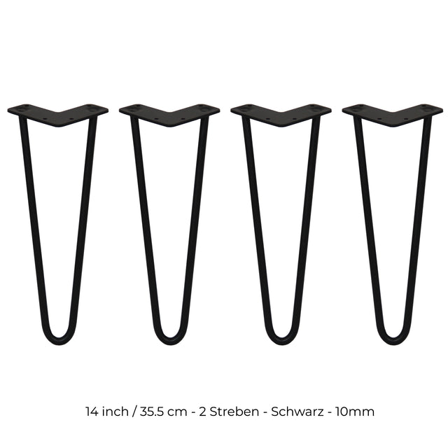 Schwarze Hairpin Tischbeine aus Metall, 35,5 cm lang, mit zwei Streben und 10 mm Durchmesser, ideal für moderne Möbelprojekte