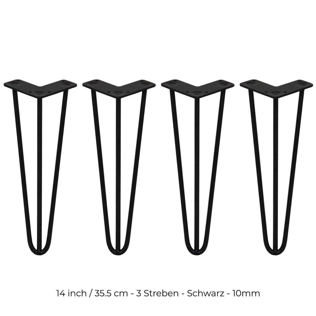 Schwarze 35,5 cm Hairpin Tischbeine mit 3 Streben aus robustem Metall, elegant geformt für moderne Möbelgestaltungen