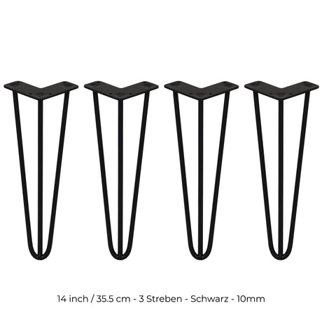 Schwarze 35,5 cm Hairpin Tischbeine mit 3 Streben aus robustem Metall, elegant geformt für moderne Möbelgestaltungen