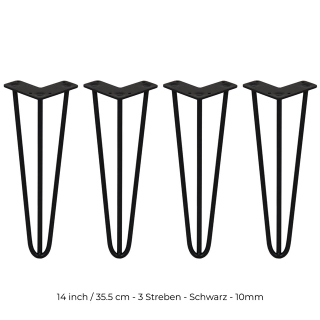Schwarze 35,5 cm Hairpin Tischbeine mit 3 Streben aus robustem Metall, elegant geformt für moderne Möbelgestaltungen