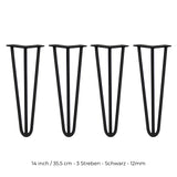 Schwarze Hairpin Tischbeine aus Metall, 35,5 cm hoch, mit drei Streben und 12 mm Durchmesser, ideal für moderne Möbelgestaltungen
